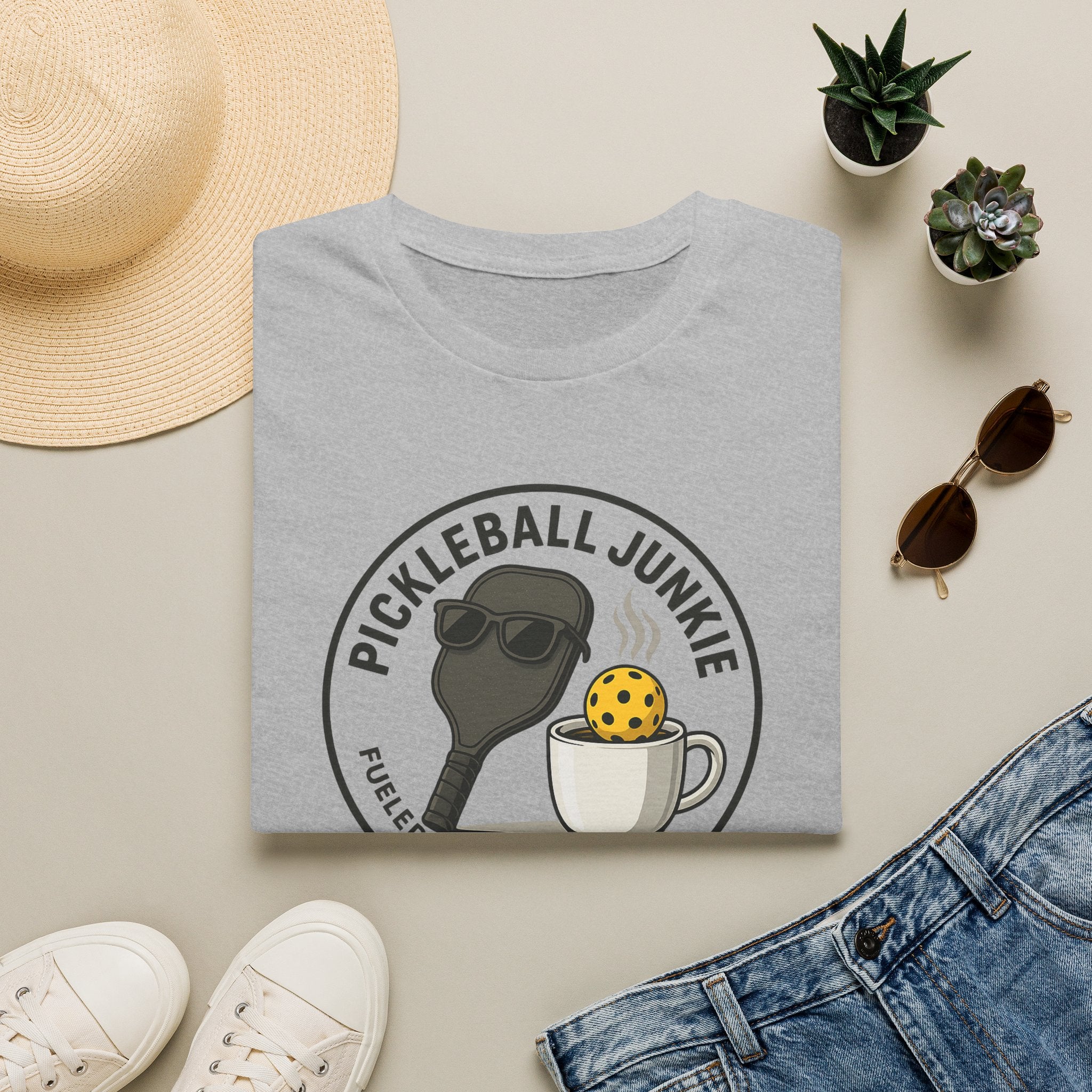 Sats and Stripes Pickleball Junkie Tee Fueled by Coffee & Dinks Grey Folded