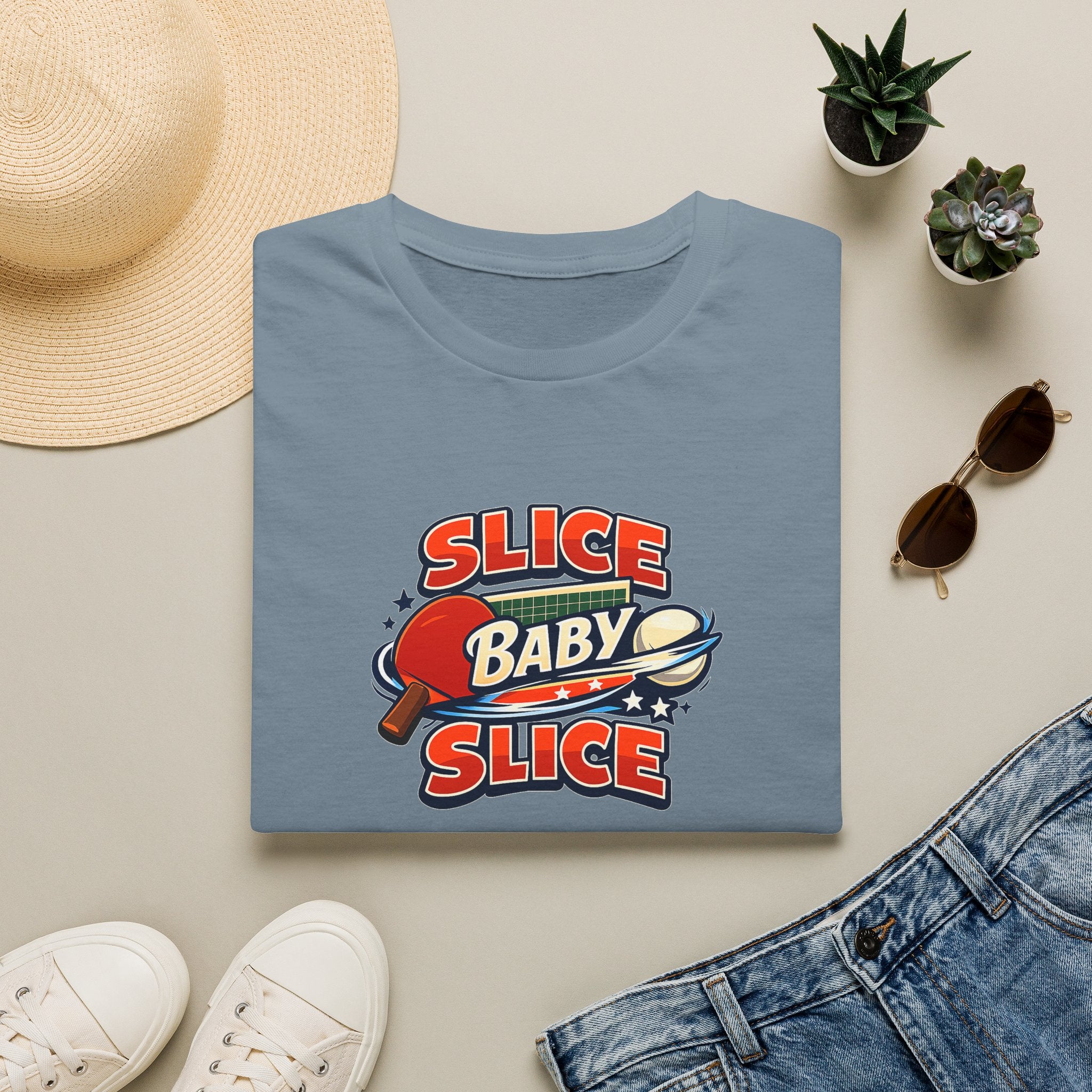 Sats and Stripes Slice Baby Slice Table Tennis T-Shirt Ping Pong Graphic Tee Blue Jean Folded