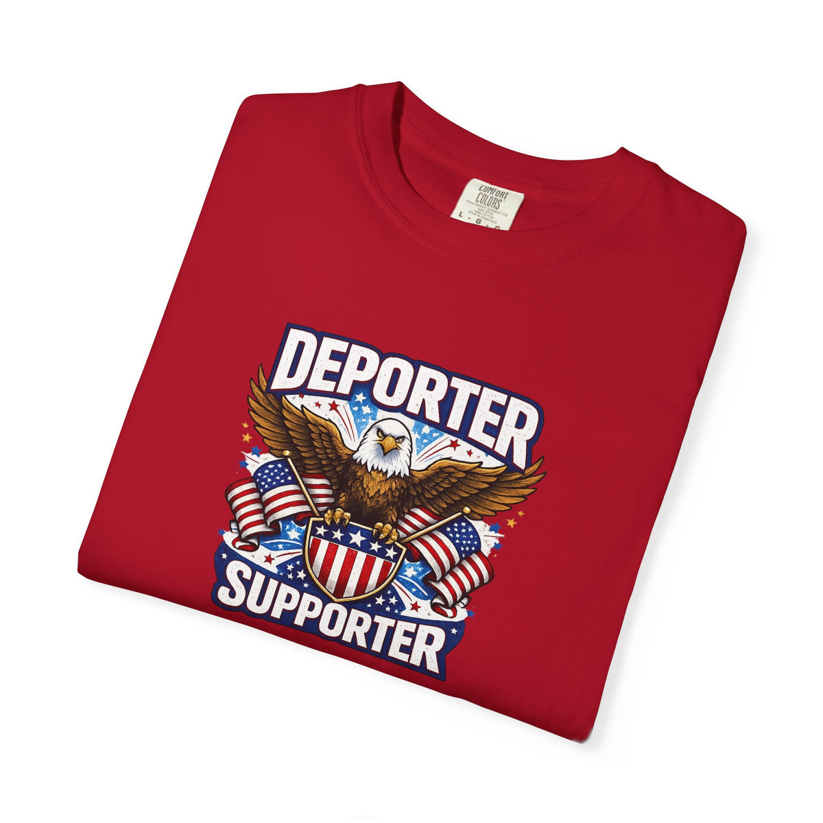 SatsandStripes.com Deporter Supporter Patriotic T-Shirt America First Eagle Tee Pro Border Apparel Gift for Patriots Red Folded