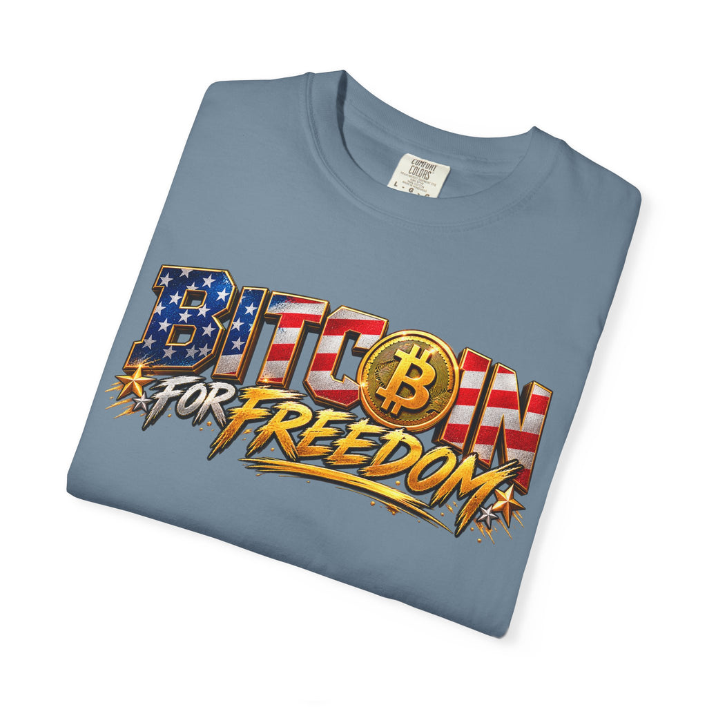 SatsandStripes.com BITCOIN FOR FREEDOM – Patriotic Bitcoin T-Shirt | American Flag Crypto Tee | Freedom & Financial Independence Unisex Shirt Ice Blue Folded