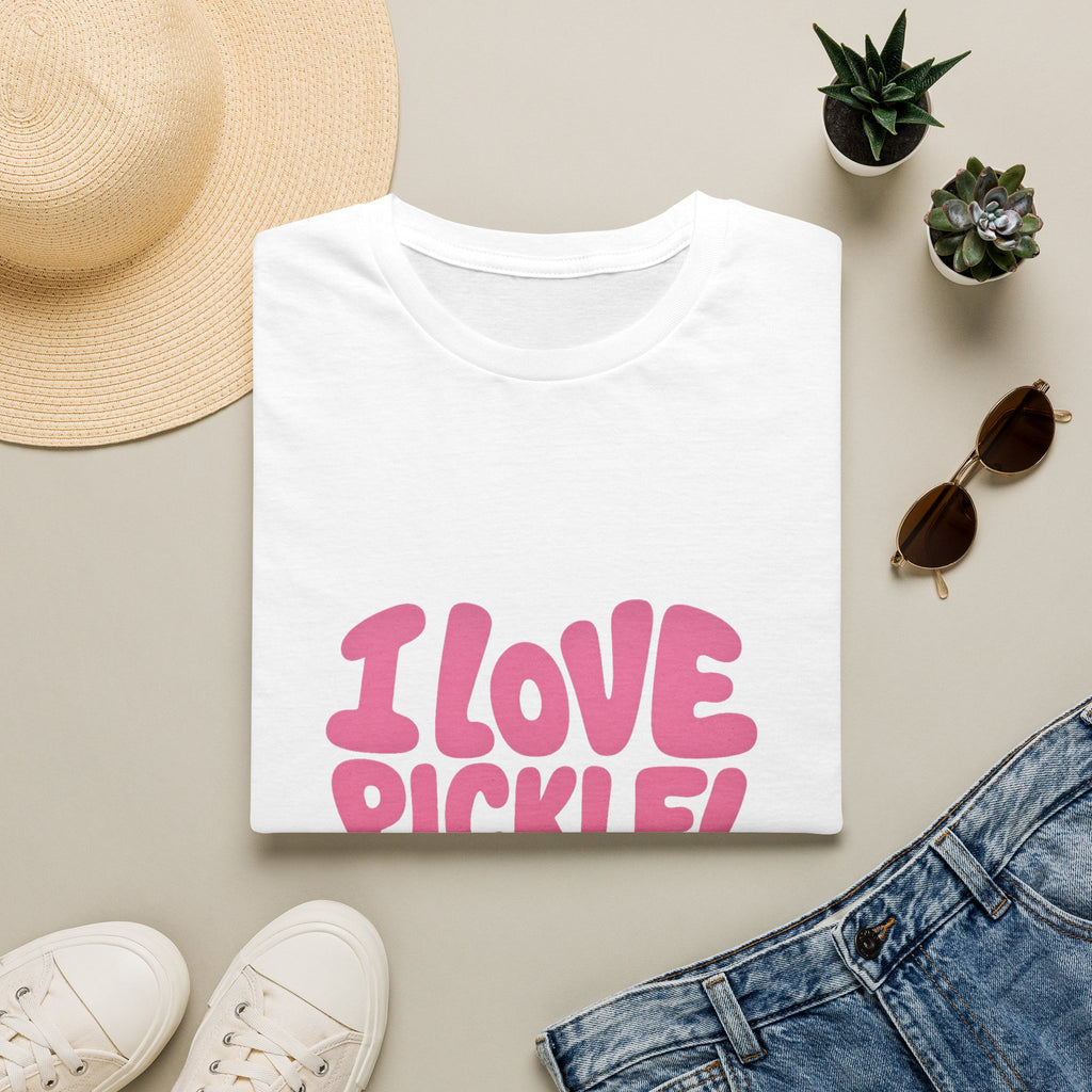 I Love Pickleball Heart Tee Cute Retro Bubble Letters T-Shirt for Pickleball Lovers 5 colors 100% cotton