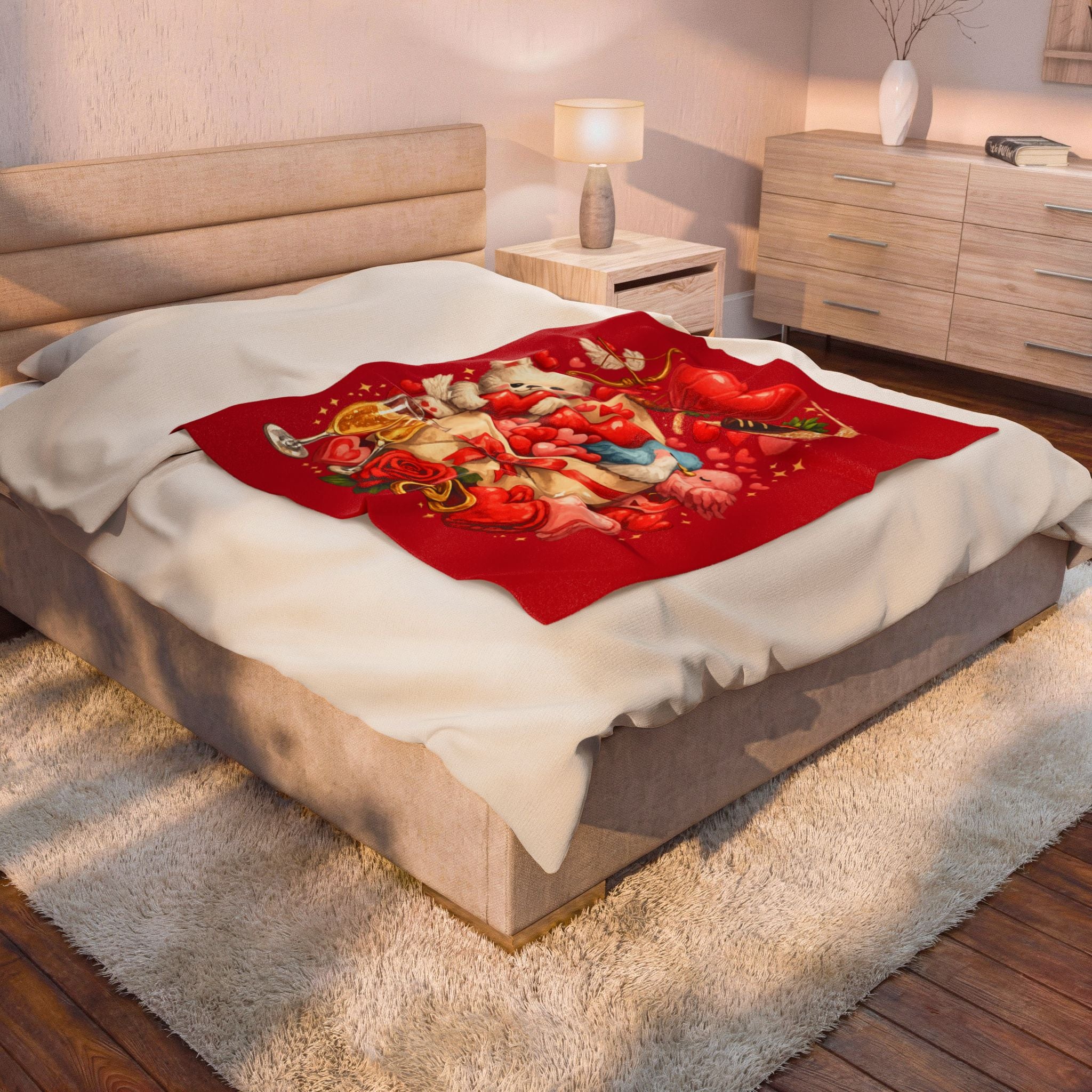 Valentine Love Blanket Throw Teddy Bear Hearts Roses & Champagne Cozy Velveteen Blanket Gift 50" x 60"