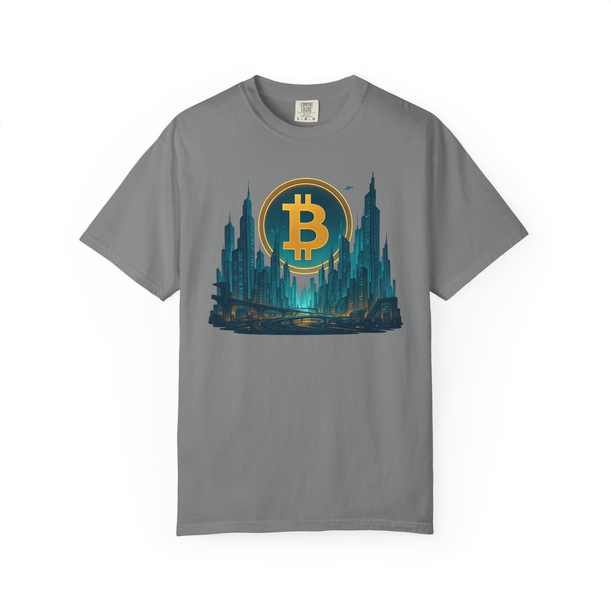 Sats and Stripes Futuristic Bitcoin City T-Shirt Neon Crypto Skyline Tee for Bitcoin Enthusiasts Grey