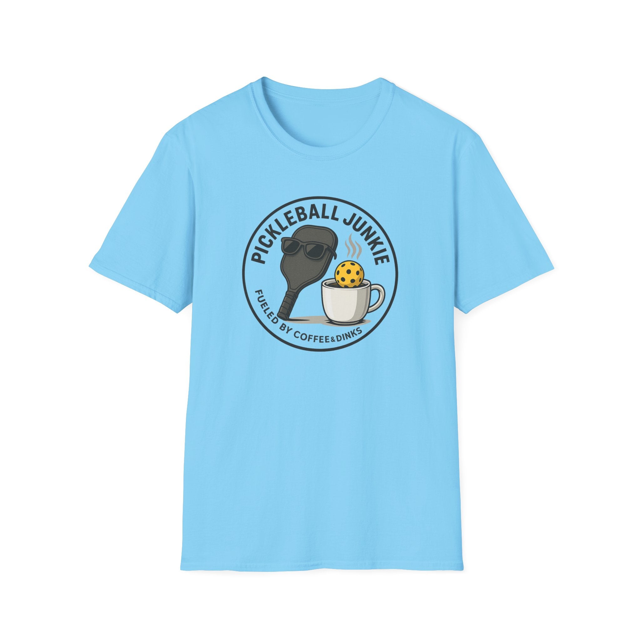 Sats and Stripes Pickleball Junkie Tee Fueled by Coffee & Dinks Sky Blue