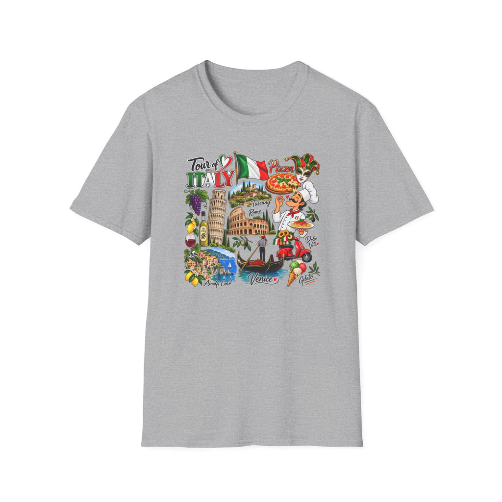Tour of Italy Unisex T-Shirt – Italian Travel, Pizza, Venice & Rome Graphic Tee 100% cotton Grey