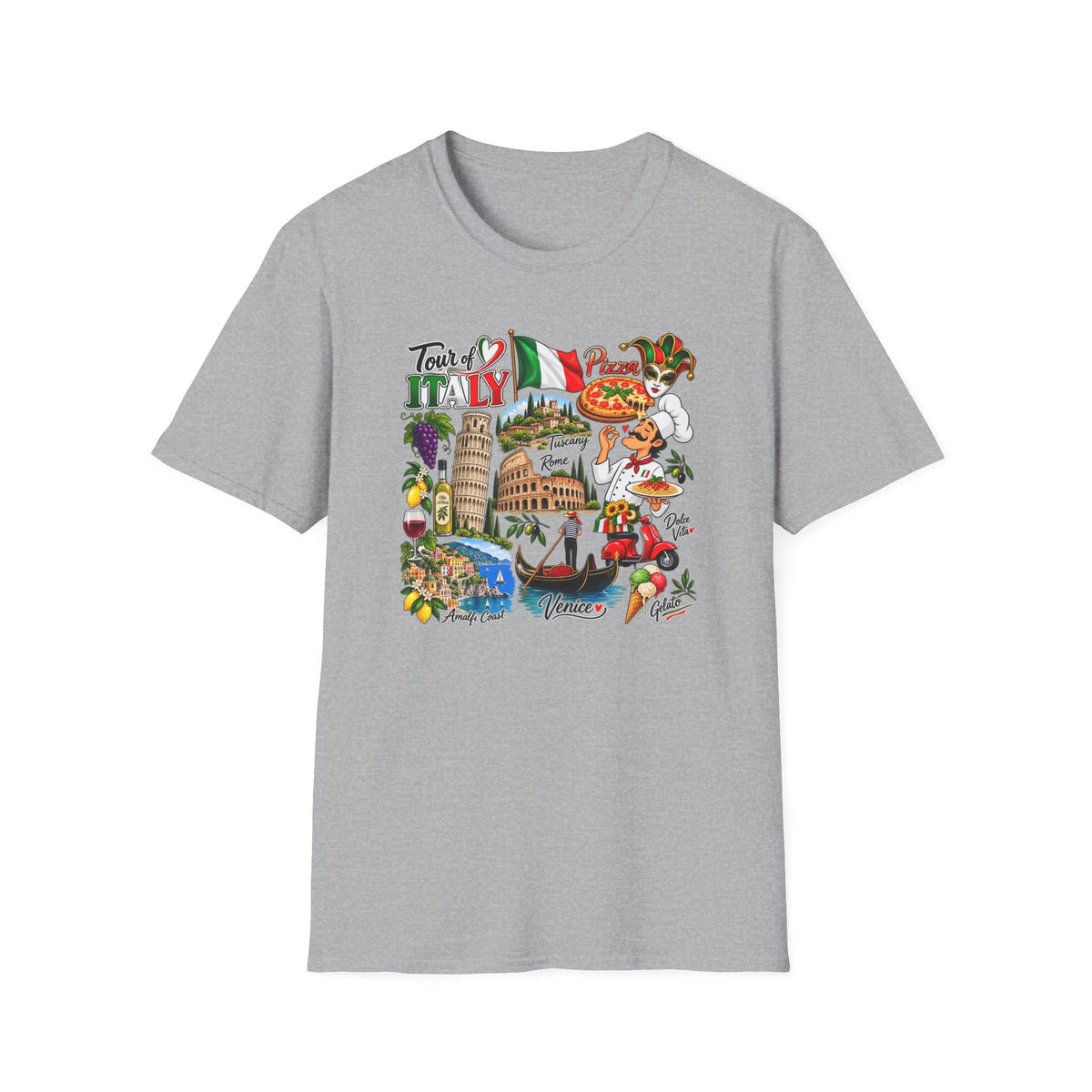 Tour of Italy Unisex T-Shirt – Italian Travel, Pizza, Venice & Rome Graphic Tee 100% cotton Grey