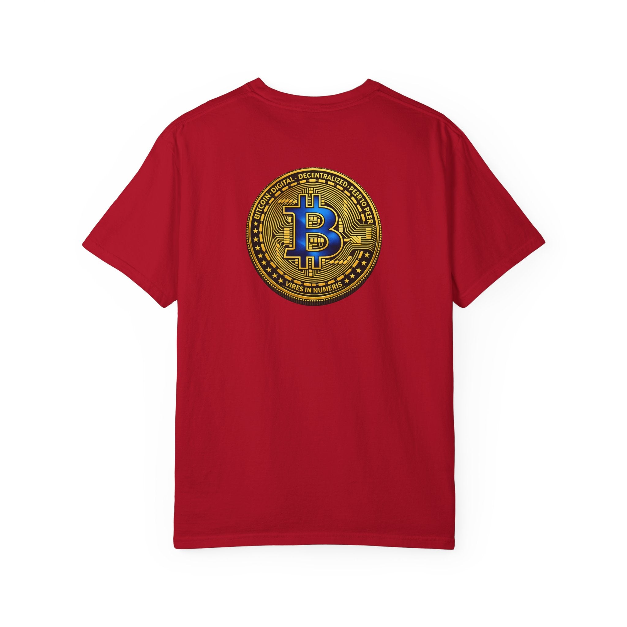 Blaues und goldenes Bitcoin-Münzen-Rückdruck T-Shirt Krypto Dezentrales Grafik-T-Shirt 5 Farben 100% Baumwolle