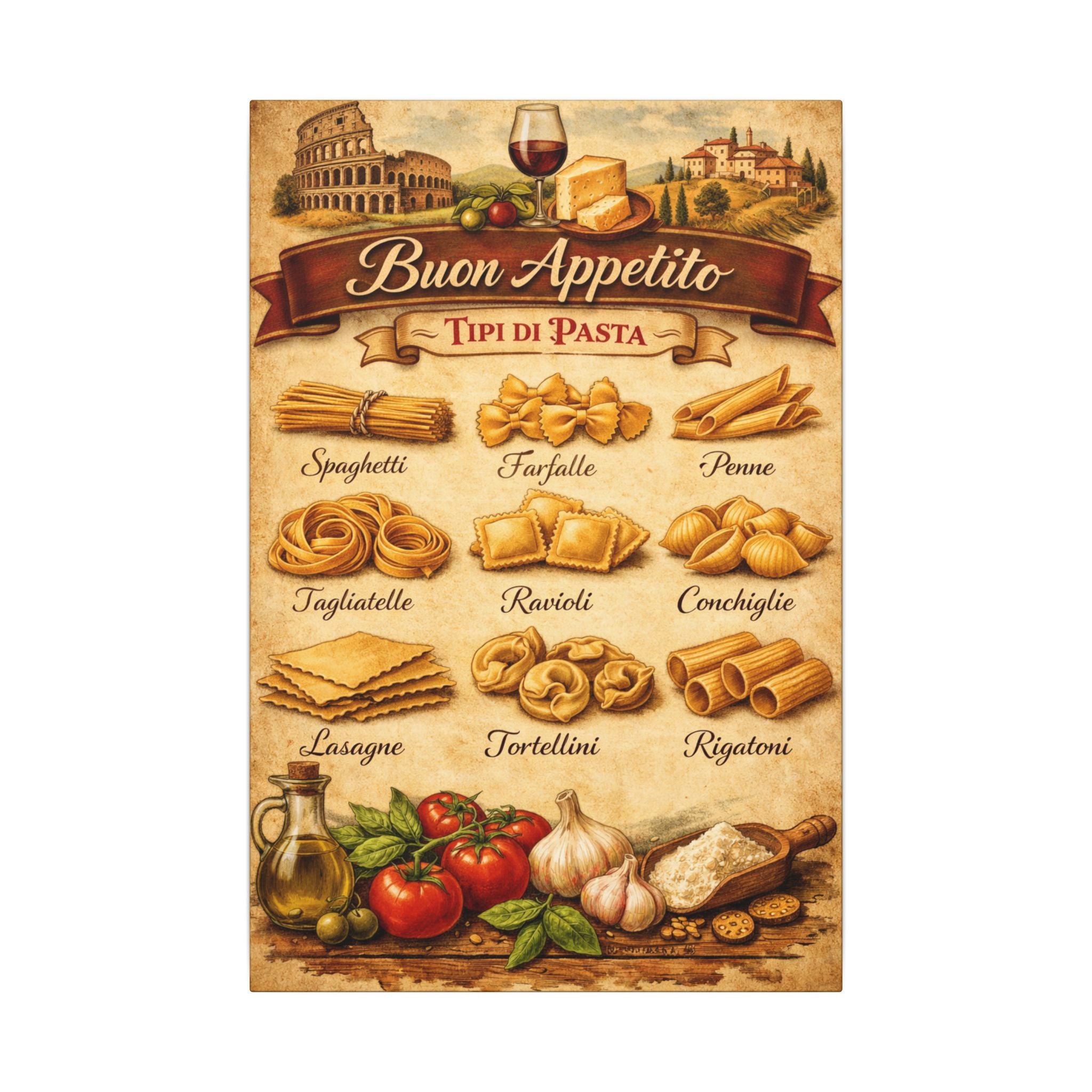 Buon Appetito Italienische Pasta-Tabelle Leinwand Italienische Küchendekoration Nudelsorten Poster Rustikale Toskanische Kochkunst Wandbild 16 x 24