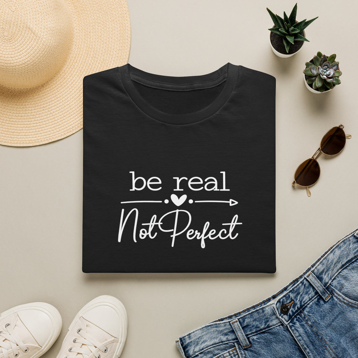 SatsandStripes.com Be Real Not Perfect T-Shirt Inspirational Quote Tee Positive Mindset Shirt Gift for Women Black Folded
