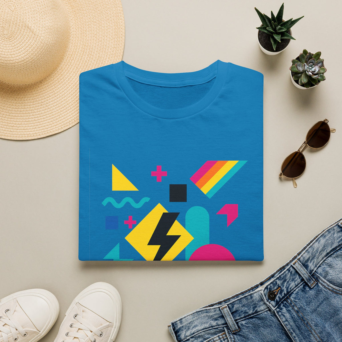 Colorful Geometric Print Softstyle® T-Shirt Graphic Tee Casual Wear Street Style Gift Idea Bue