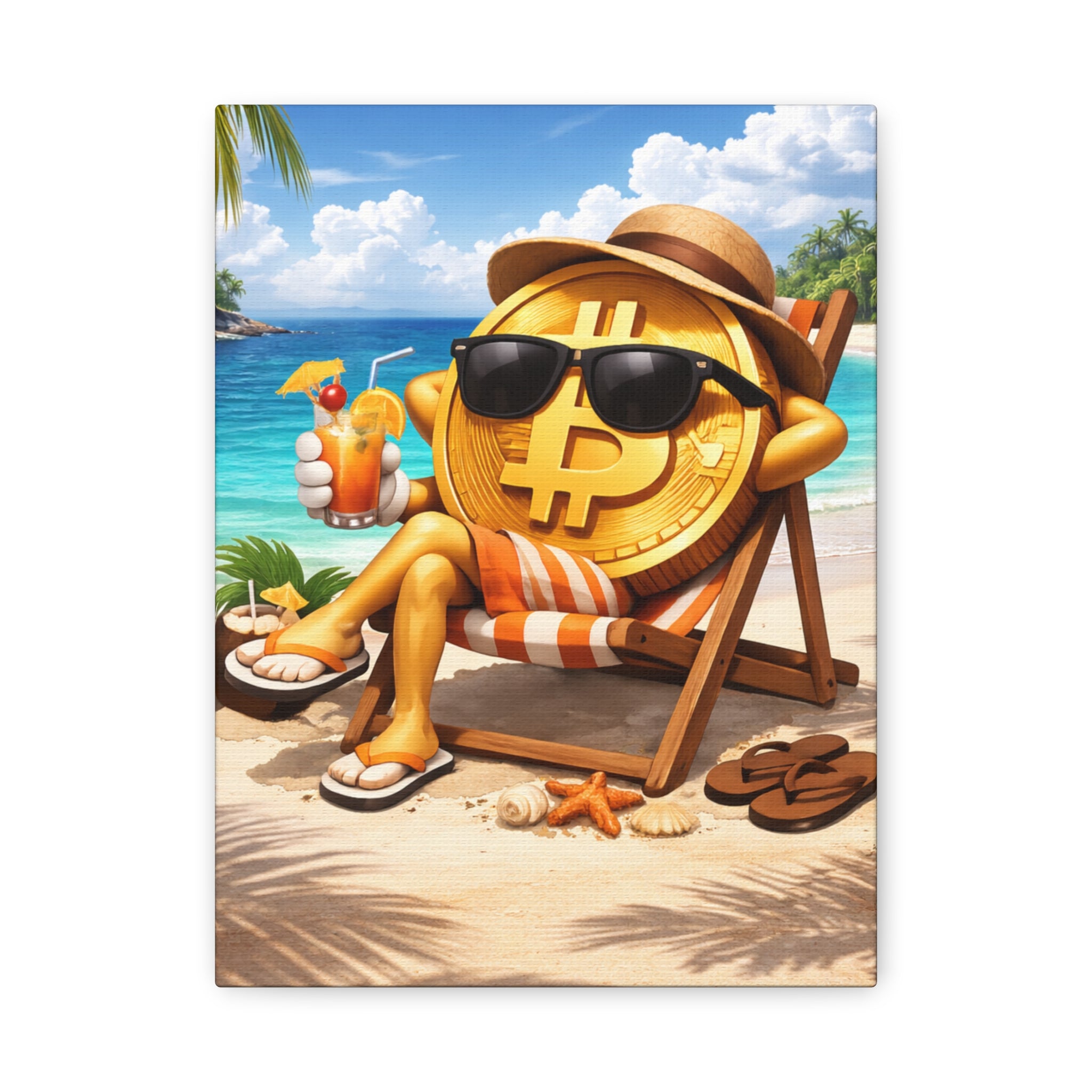 Relaxing Bitcoin Beach Canvas Wall Art Crypto Coastal Decor Luxury Bitcoin Artwork Modern Digital Currency Wall Art 9 x 12