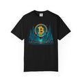 Sats and Stripes Futuristic Bitcoin City T-Shirt Neon Crypto Skyline Tee for Bitcoin Enthusiasts Black