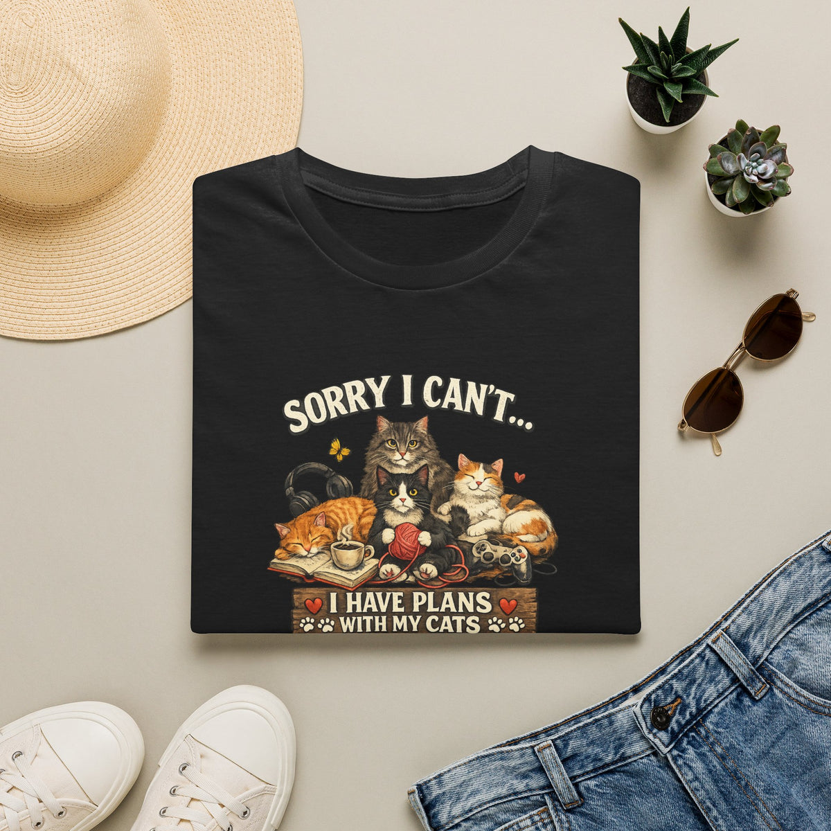 Sorry I Can't Have Plans With My Cats SatsandStripes.com T-Shirt Cat Mom Tee Pet Lover Gift Cute Cat Graphic Tee Black Folded