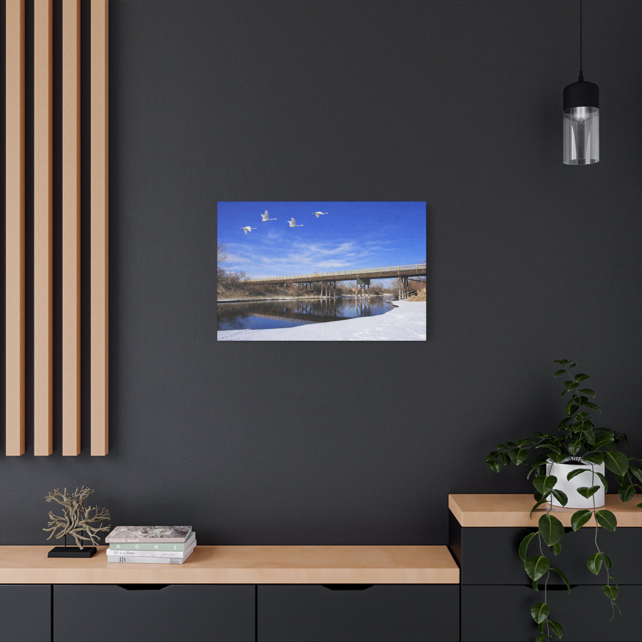 Jackson Bridge Matte Canvas, Stretched 1.25" - Scenic River & White Swans Wall Art - Customizable Nature Landscape Decor - 6 sizes