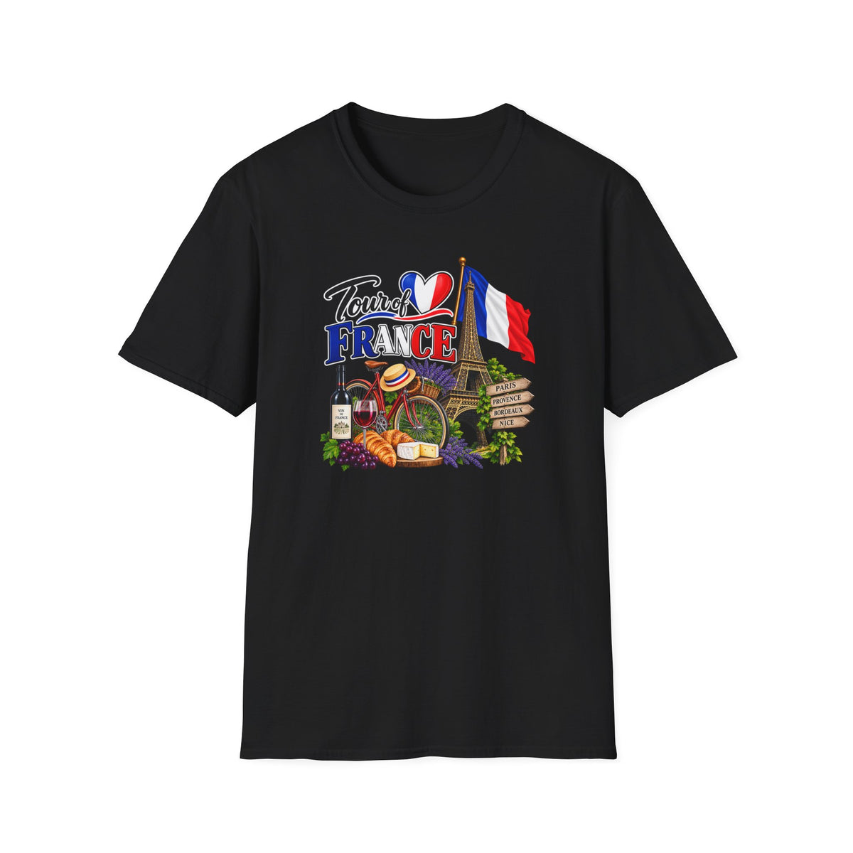 SatsandStripes.com Tour of France Softstyle® T-Shirt – Paris Eiffel Tower French Travel Graphic Tee Black