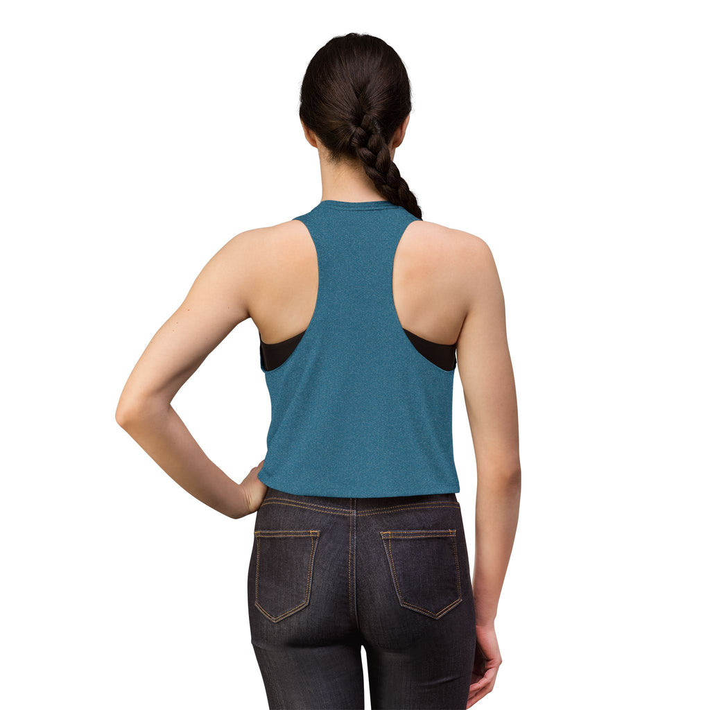 SatsandStripes.com Weights Before Dates Women’s Crop Top – Funny Gym Workout Tank Back View Teal