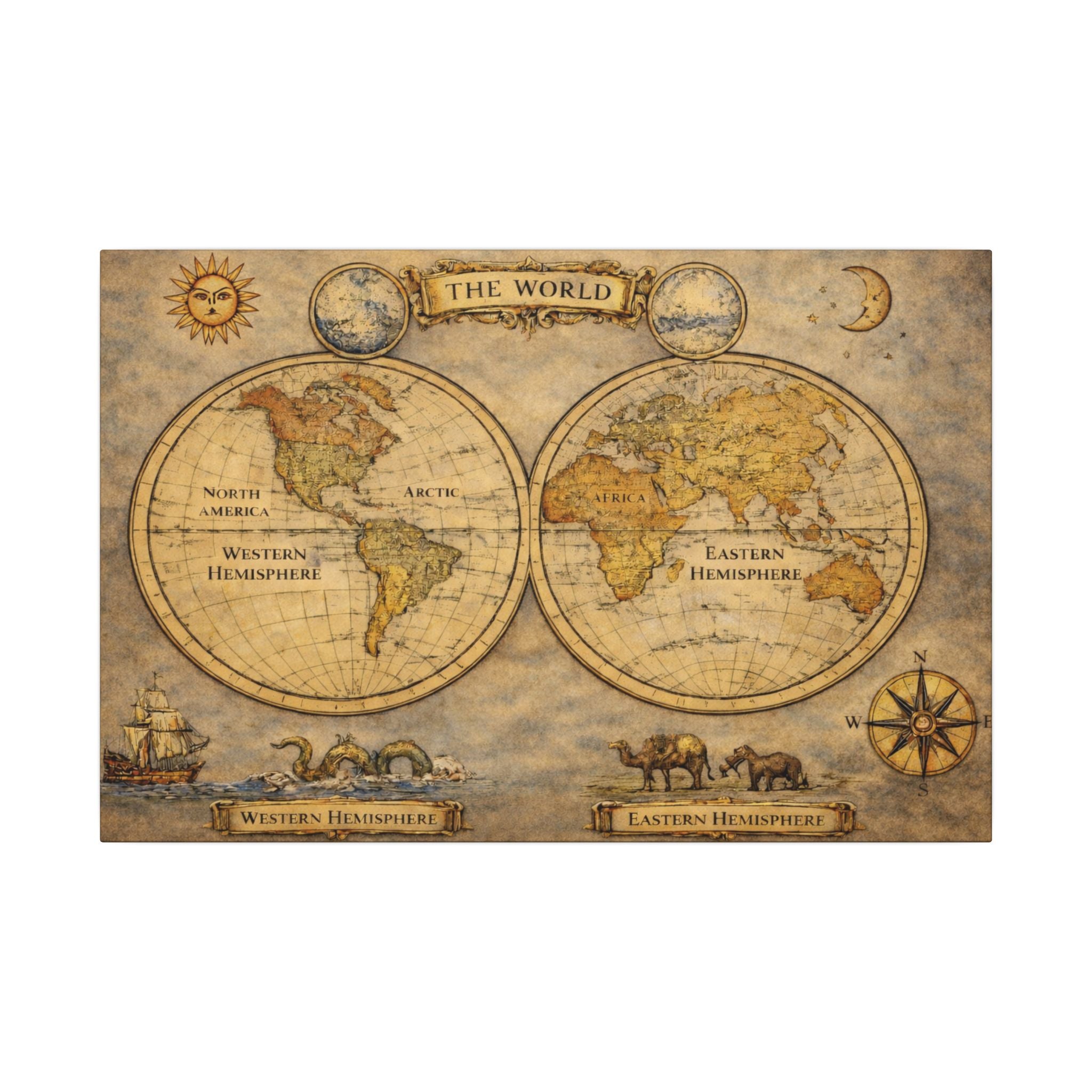 Vintage World Map Canvas Art Antique Double Hemisphere Map Old World Explorer Wall Decor Classic Map Wall Art 24" x 16"