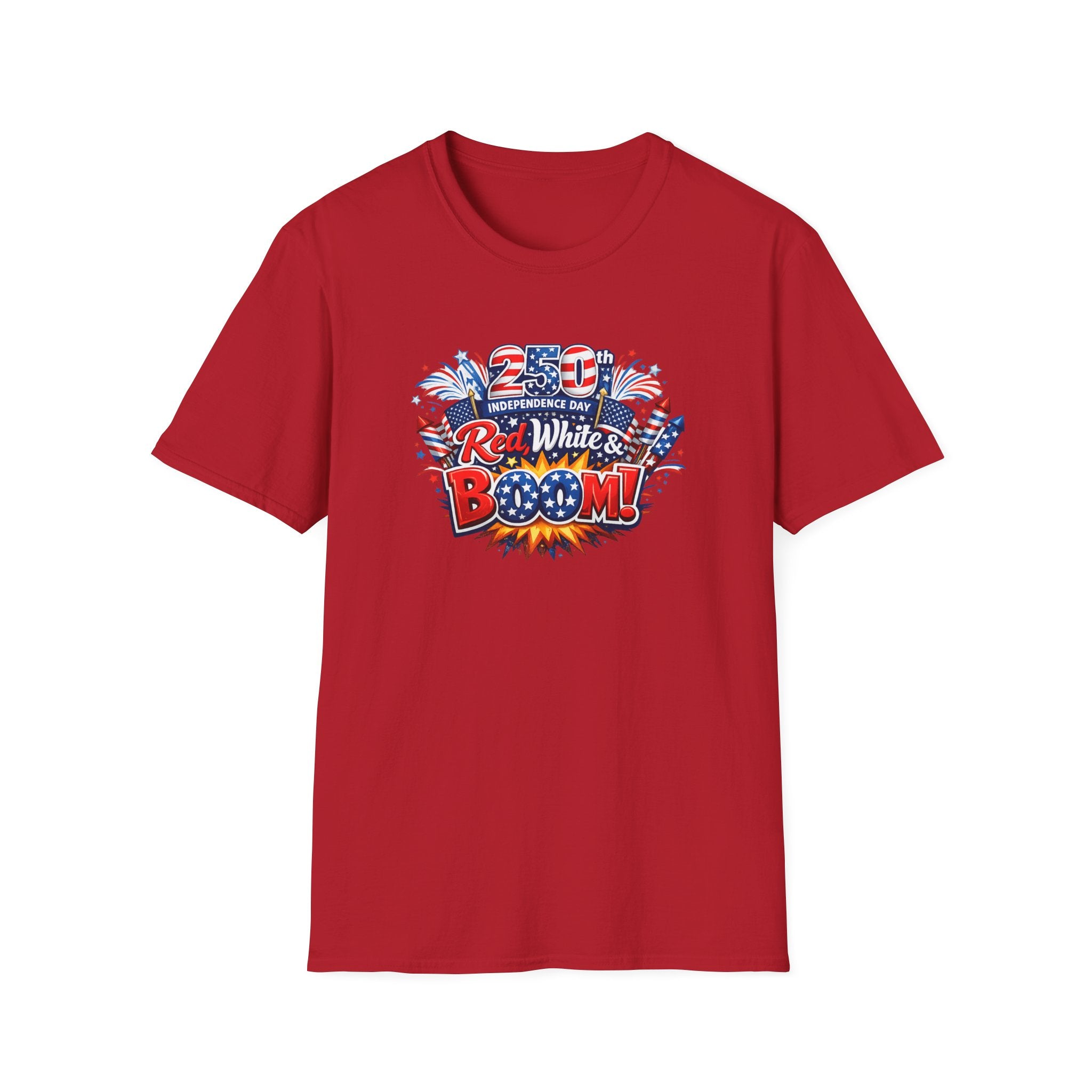 Sats and Stripes Red White & Boom 250th Anniversary Tee Patriotic 4th of July Fireworks Tee USA Cherry Red
