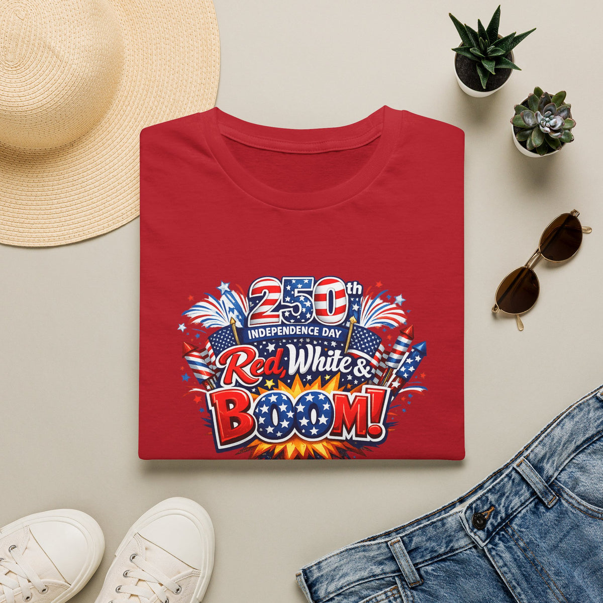 Sats and Stripes Red White & Boom 250th Anniversary Tee Patriotic 4th of July Fireworks Tee USA Cherry Red Folded
