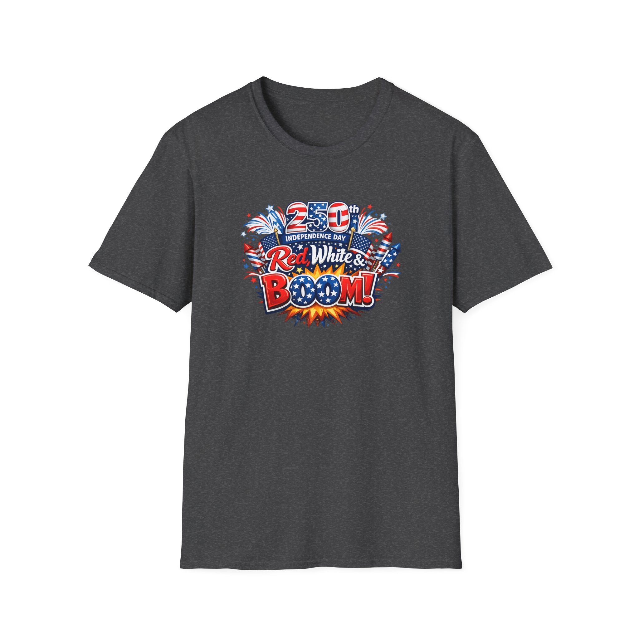 Sats and Stripes Red White & Boom 250th Anniversary Tee Patriotic 4th of July Fireworks Tee USA Dark Grey