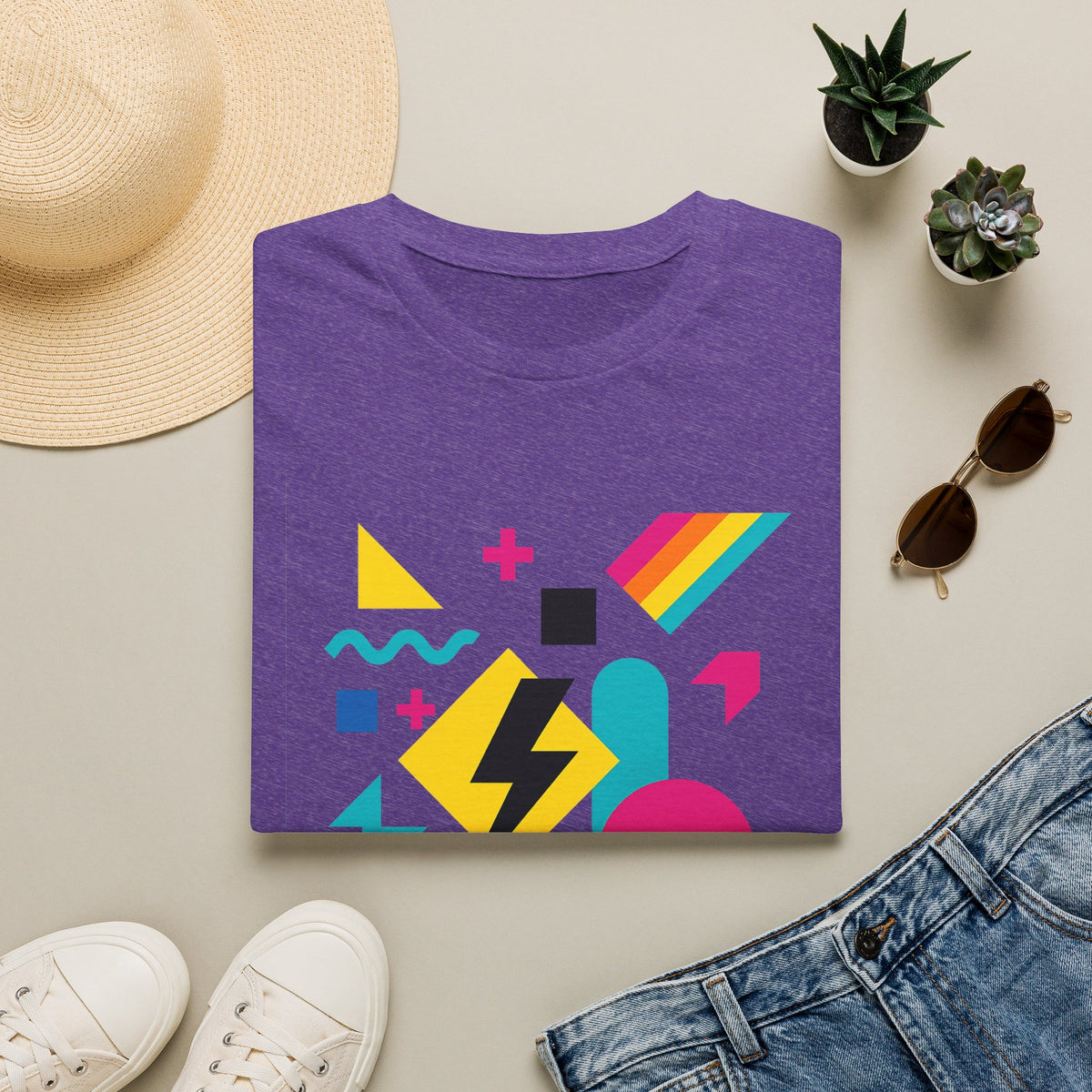 Colorful Geometric Print Softstyle® T-Shirt Graphic Tee Casual Wear Street Style Gift Idea Purple Folded