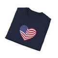 Sats and Stripes American Flag Heart T-Shirt Patriotic USA Love Tee Red White Blue Graphic Tee Navy Folded