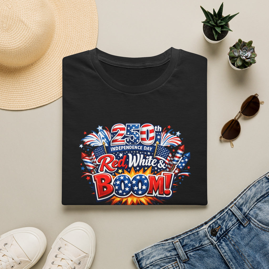 Sats and Stripes Red White & Boom 250th Anniversary Tee Patriotic 4th of July Fireworks Tee USA Black Folded