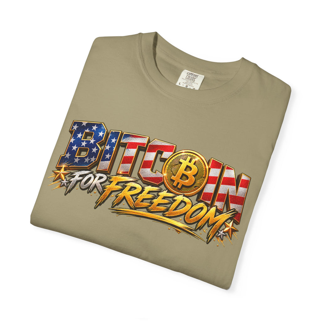 SatsandStripes.com BITCOIN FOR FREEDOM – Patriotic Bitcoin T-Shirt | American Flag Crypto Tee | Freedom & Financial Independence Unisex Shirt Khaki Folded