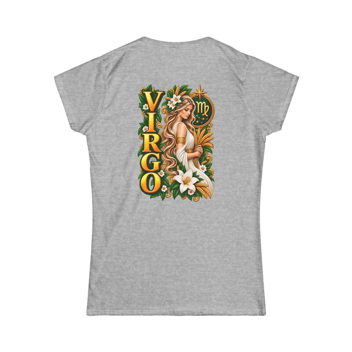 SatsandStripes.com Virgo Goddess Women’s T-Shirt – Zodiac Maiden Floral Astrology Tee August 23–September 22 Grey