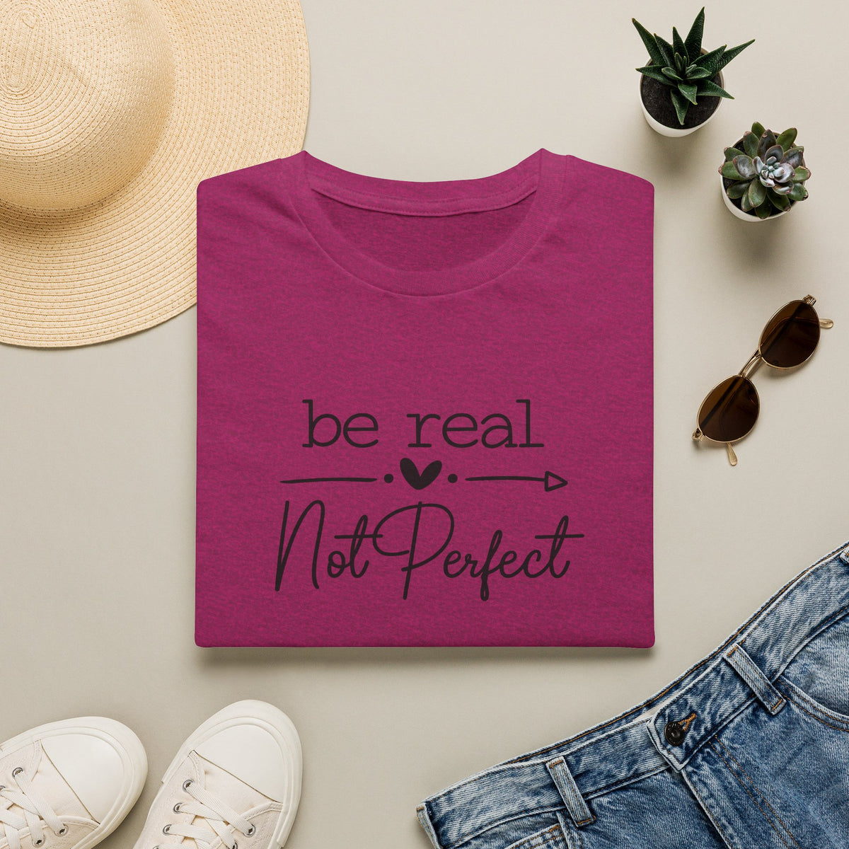 SatsandStripes.com Be Real Not Perfect T-Shirt Inspirational Quote Tee Positive Mindset Shirt Gift for Women Antique Heliconia Folded
