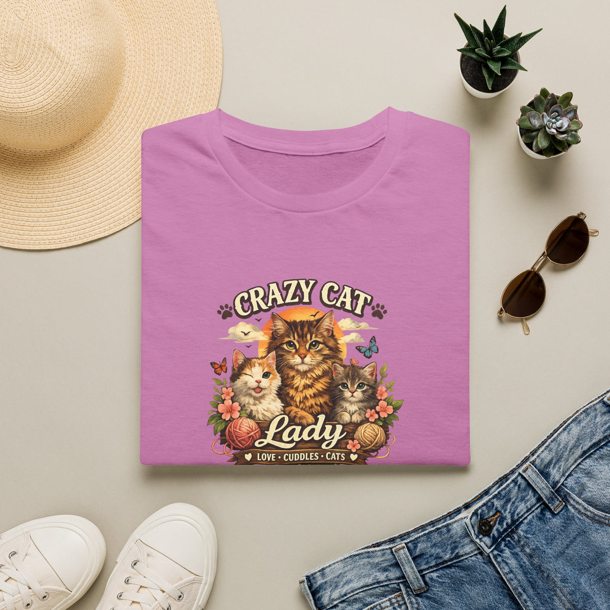 SatsandStripes.com Crazy Cat Lady T-Shirt Funny Cat Lover Shirt Cat Mom Tee Cute Cat Graphic Shirt Gift for Cat Lovers Orchid Folded