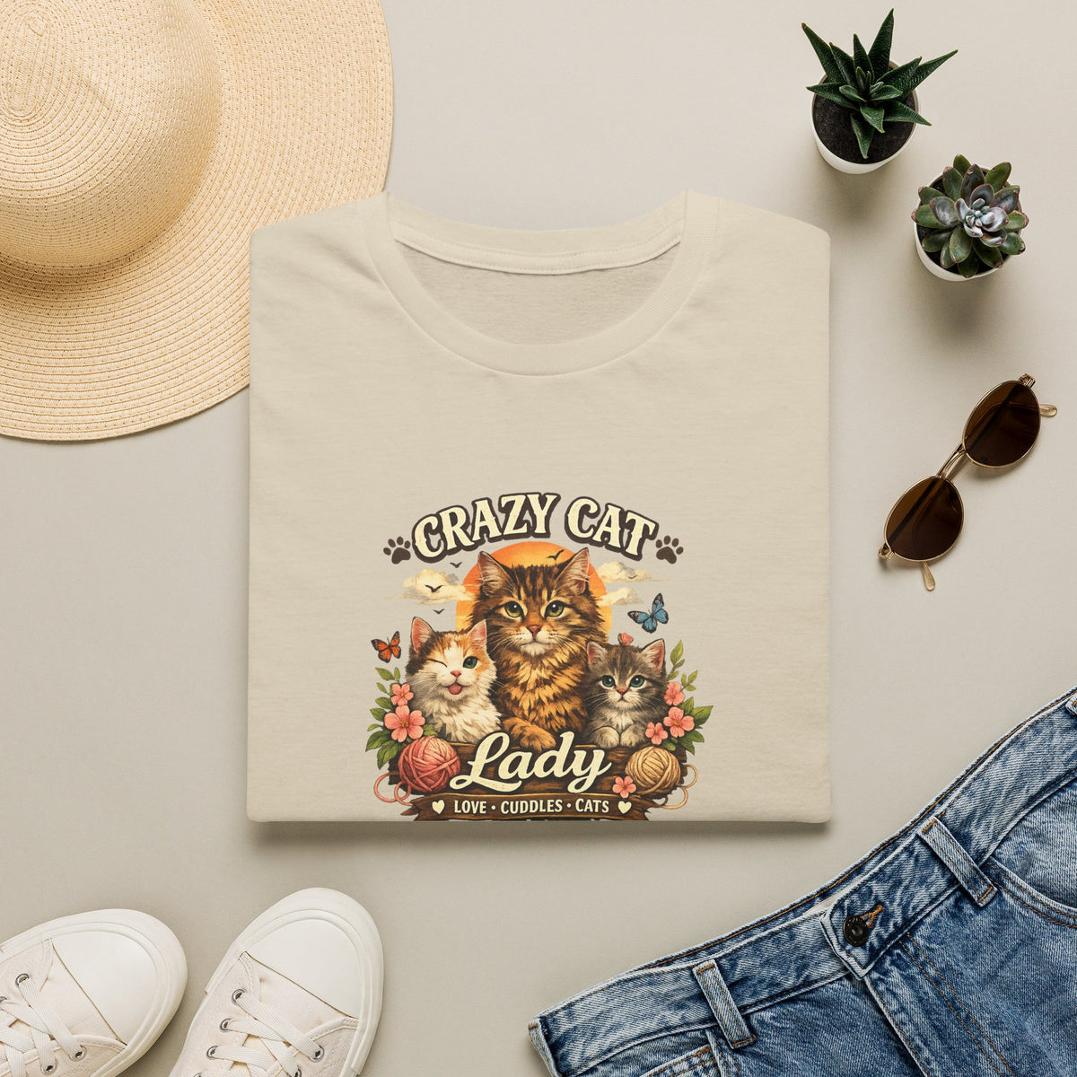 SatsandStripes.com Crazy Cat Lady T-Shirt Funny Cat Lover Shirt Cat Mom Tee Cute Cat Graphic Shirt Gift for Cat Lovers Sand Folded