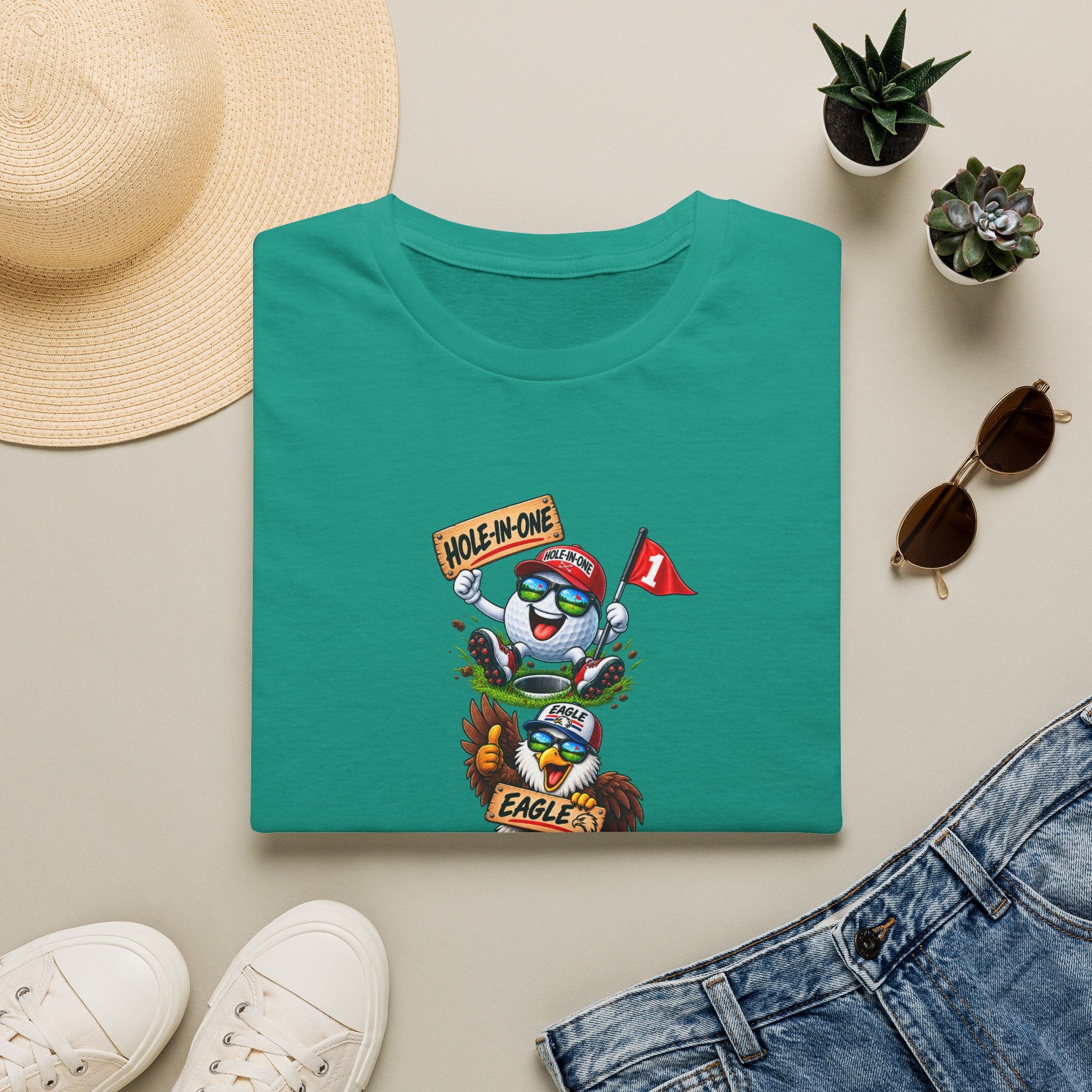 SatsandStripes.com Hole-In-One, Eagle & Birdie Funny Golf T-Shirt – Golfer Graphic Tee Teal