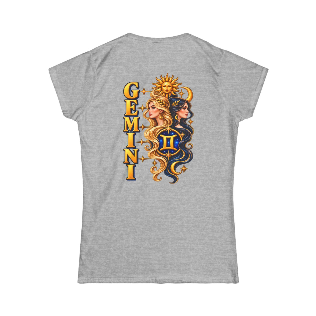 SatsandStripes.com Gemini Zodiac Women’s SoftStyle T-Shirt – Celestial Twins Astrology Tee, Bold Gold Back Print Grey