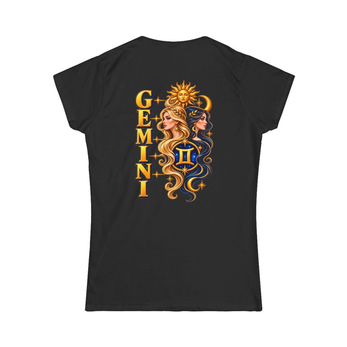 SatsandStripes.com Gemini Zodiac Women’s SoftStyle T-Shirt – Celestial Twins Astrology Tee, Bold Gold Back Print Black
