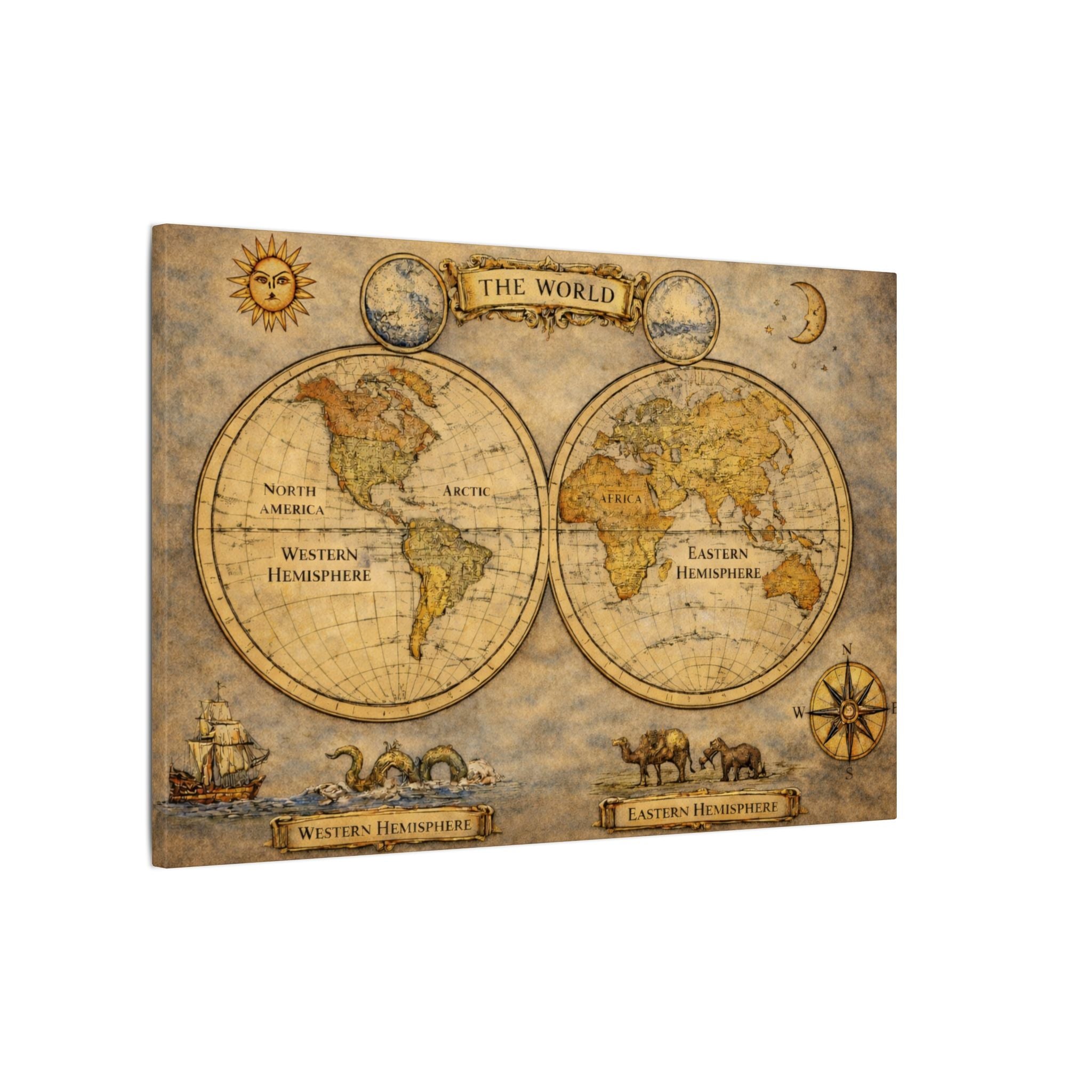 Vintage World Map Canvas Art Antique Double Hemisphere Map Old World Explorer Wall Decor Classic Map Wall Art 24" x 16"