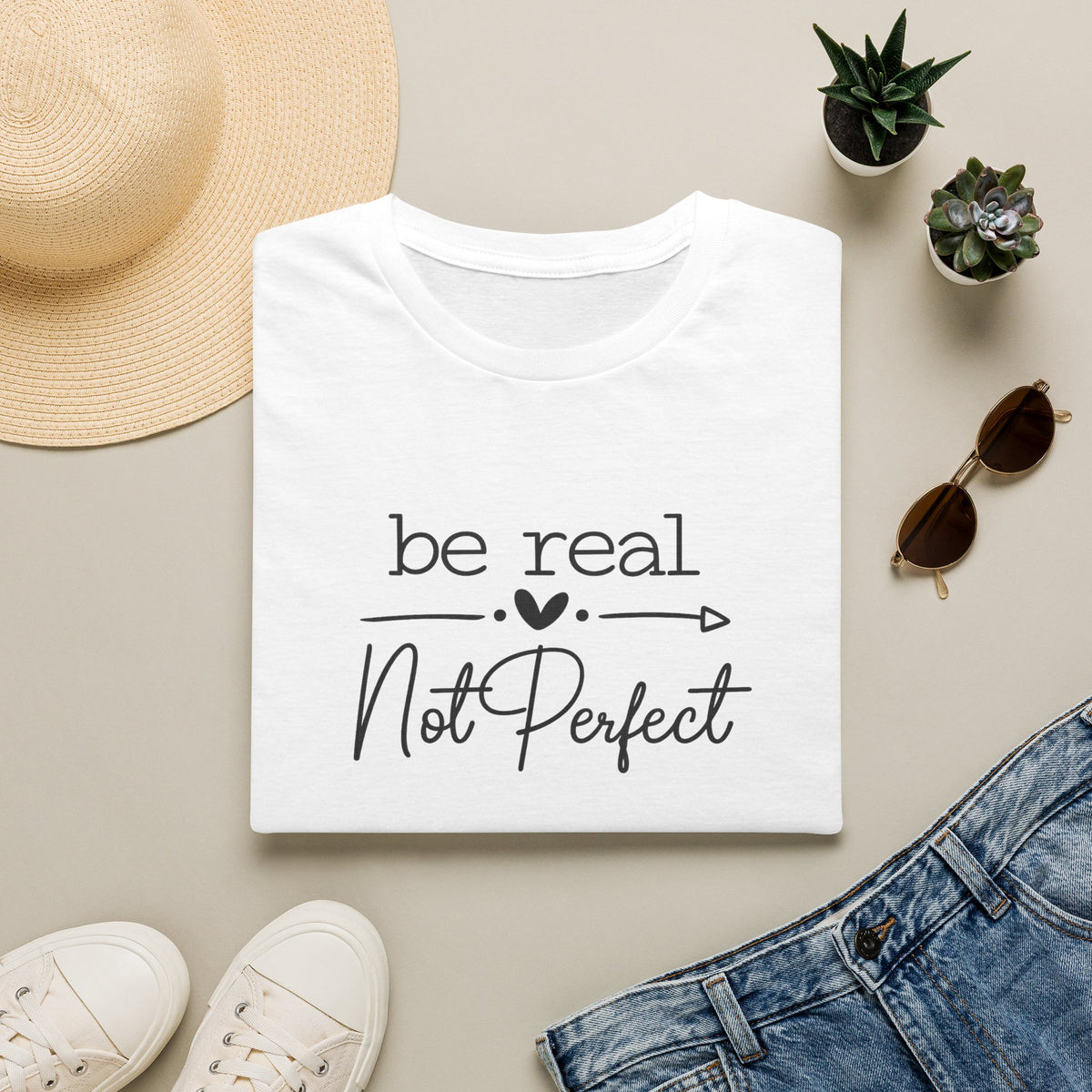 SatsandStripes.com Be Real Not Perfect T-Shirt Inspirational Quote Tee Positive Mindset Shirt Gift for Women White Folded