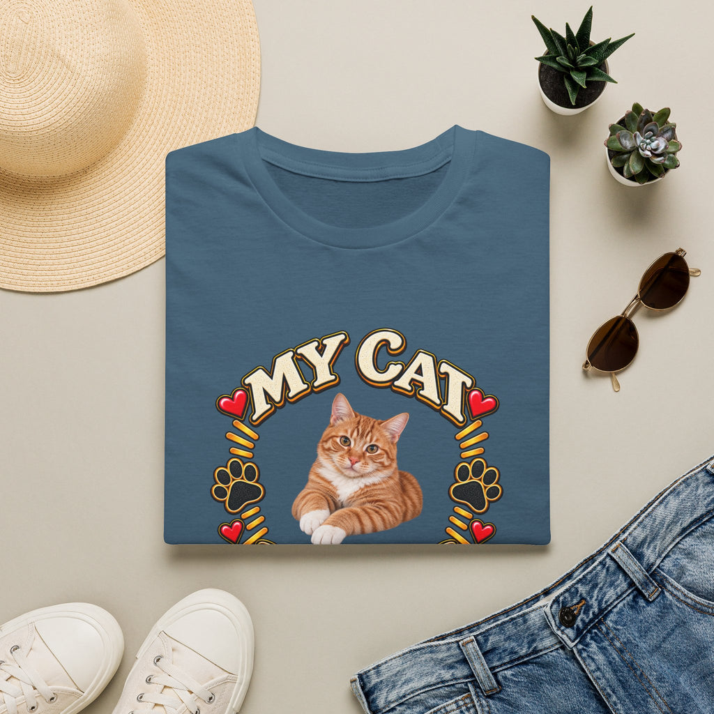 SatsandStripes.com My Cat Personalized Softstyle® T-Shirt – Custom Pet Photo Cat Lover Shirt Indigo Blue Folded