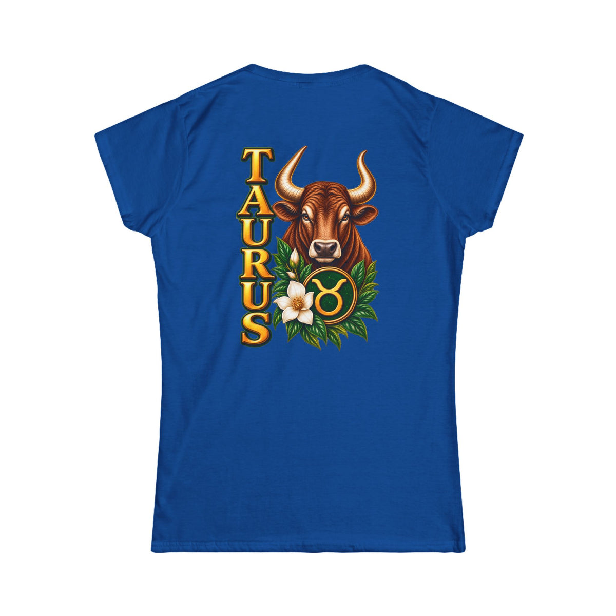 SatsandStripes.com Taurus Zodiac Women’s T-Shirt – Bold Bull Astrology Tee with Floral Zodiac Symbol Royal Blue
