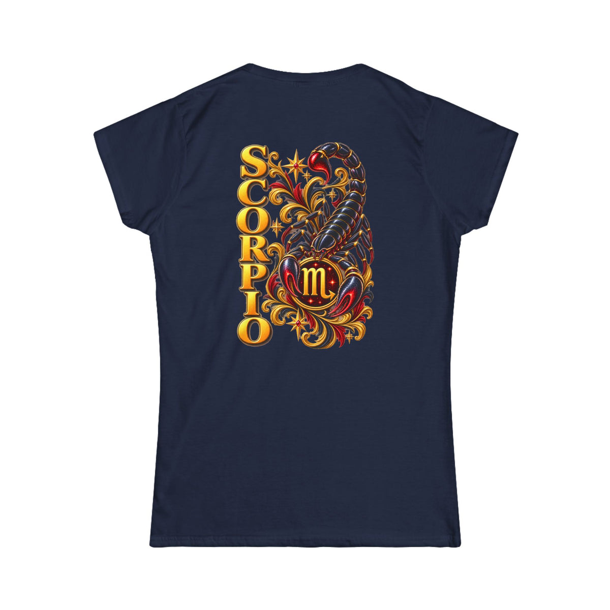 SatsandStripes.com Scorpio Zodiac Women’s SoftStyle T-Shirt – Bold Scorpion Back Print Astrology Tee Navy