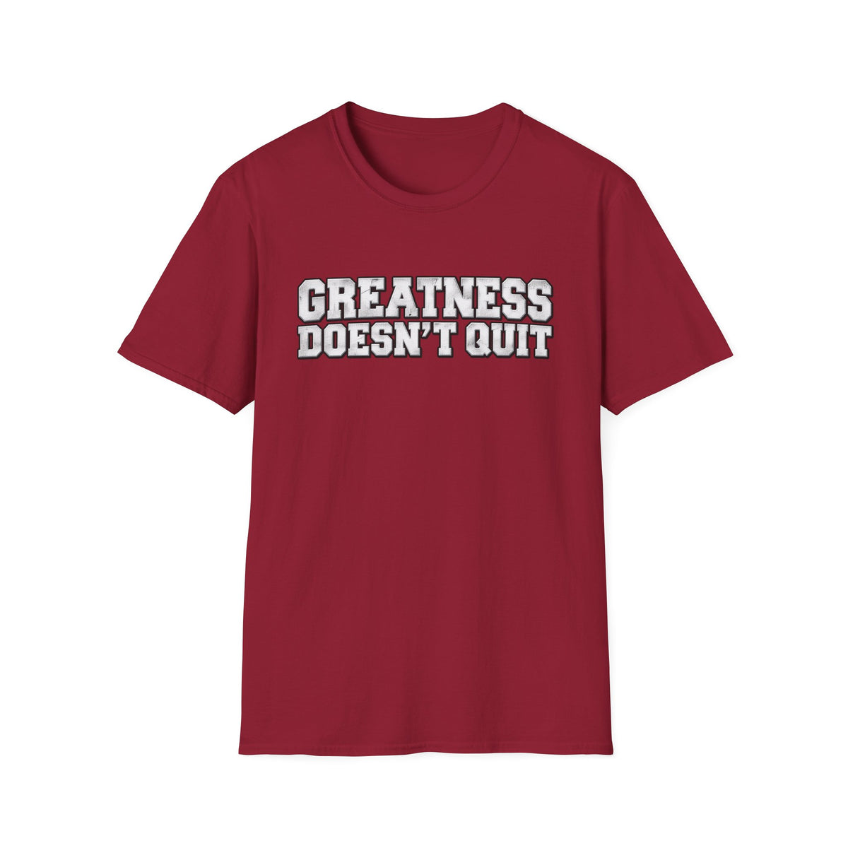 SatsandStripes.com Greatness Doesn’t Quit Softstyle® T-Shirt – Motivational Graphic Tee, Inspirational Shirt, Positive Mindset Gift for Men & Women Cardinal Red