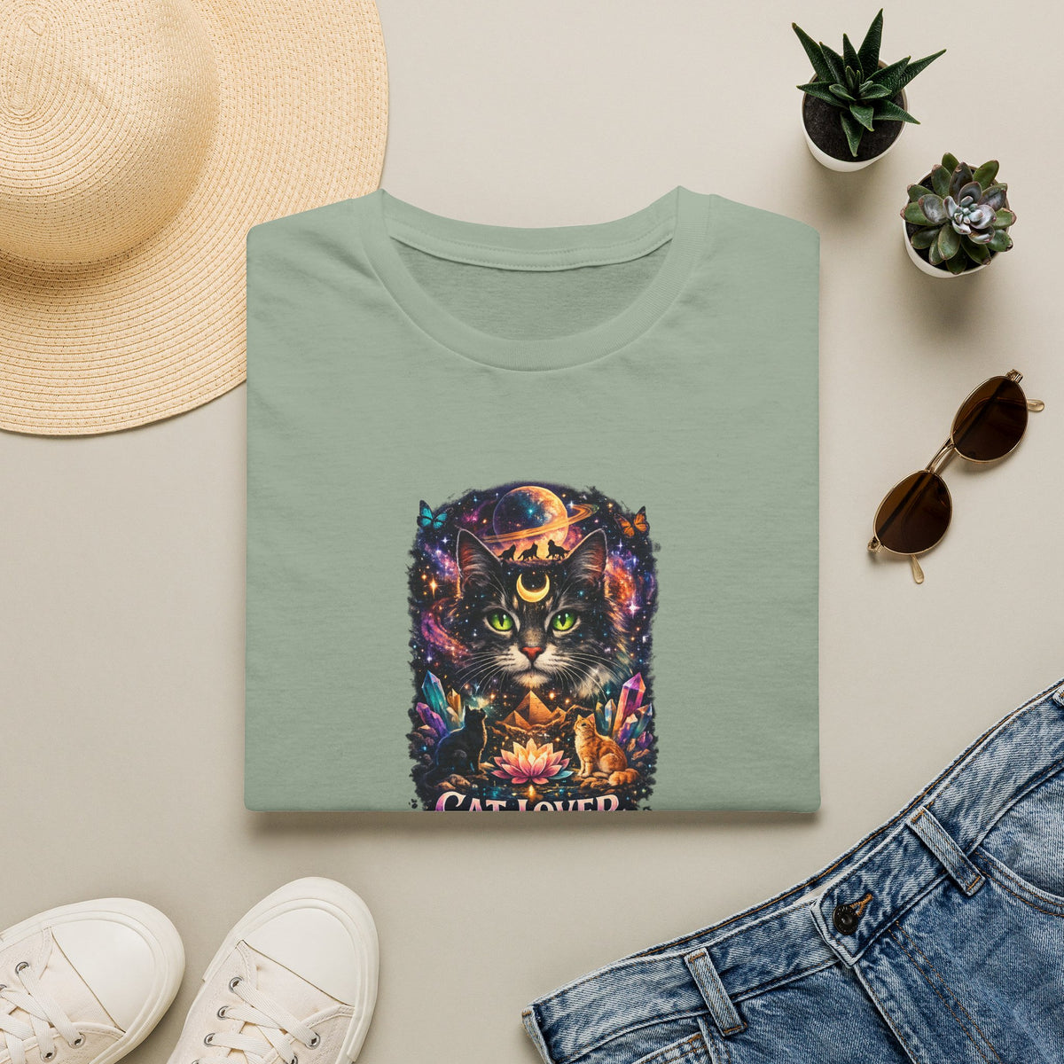 SatsandStripes.com Mystical Cat Lover T-Shirt for Women Cat Mom Shirt Gift for Cat Lovers Boho Fantasy Art Top Sage