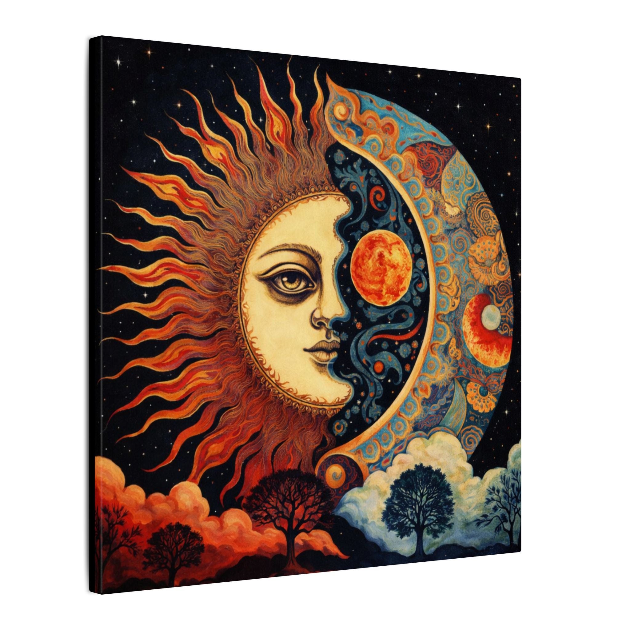 Mystical Sun Moon Canvas Celestial Wall Art Boho Sun Moon Decor Spiritual Sun Moon Painting Astrology Decor 16" x 16"