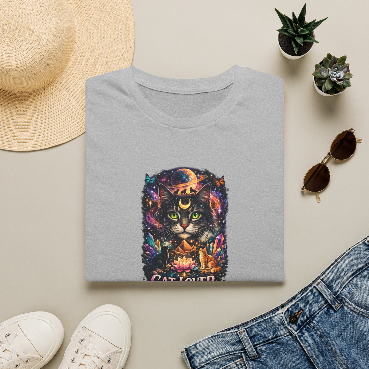 SatsandStripes.com Mystical Cat Lover T-Shirt for Women Cat Mom Shirt Gift for Cat Lovers Boho Fantasy Art Top Grey