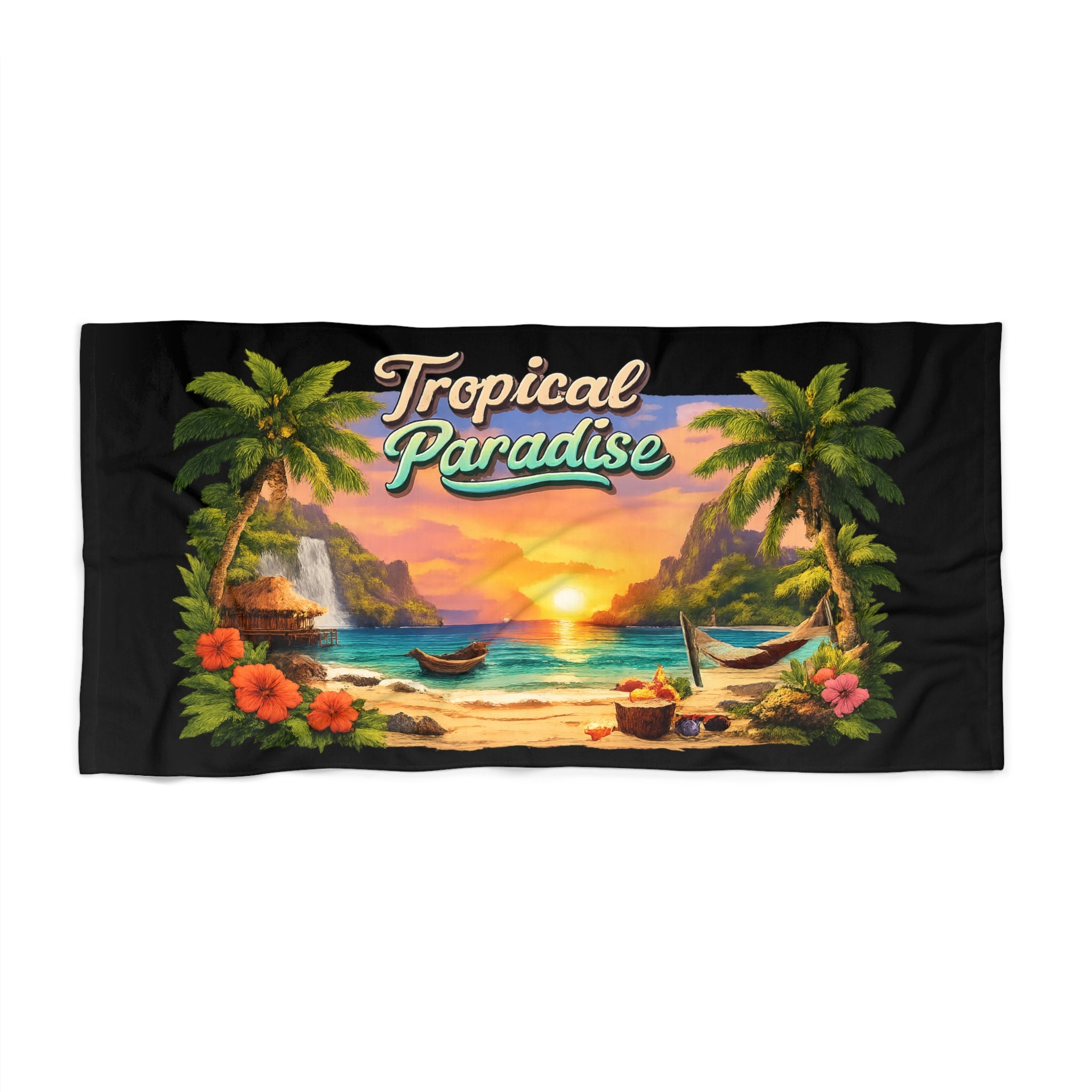 Tropical Paradise Sunset Beach Towel Palm Trees, Hibiscus, Ocean Scene 2 sizes