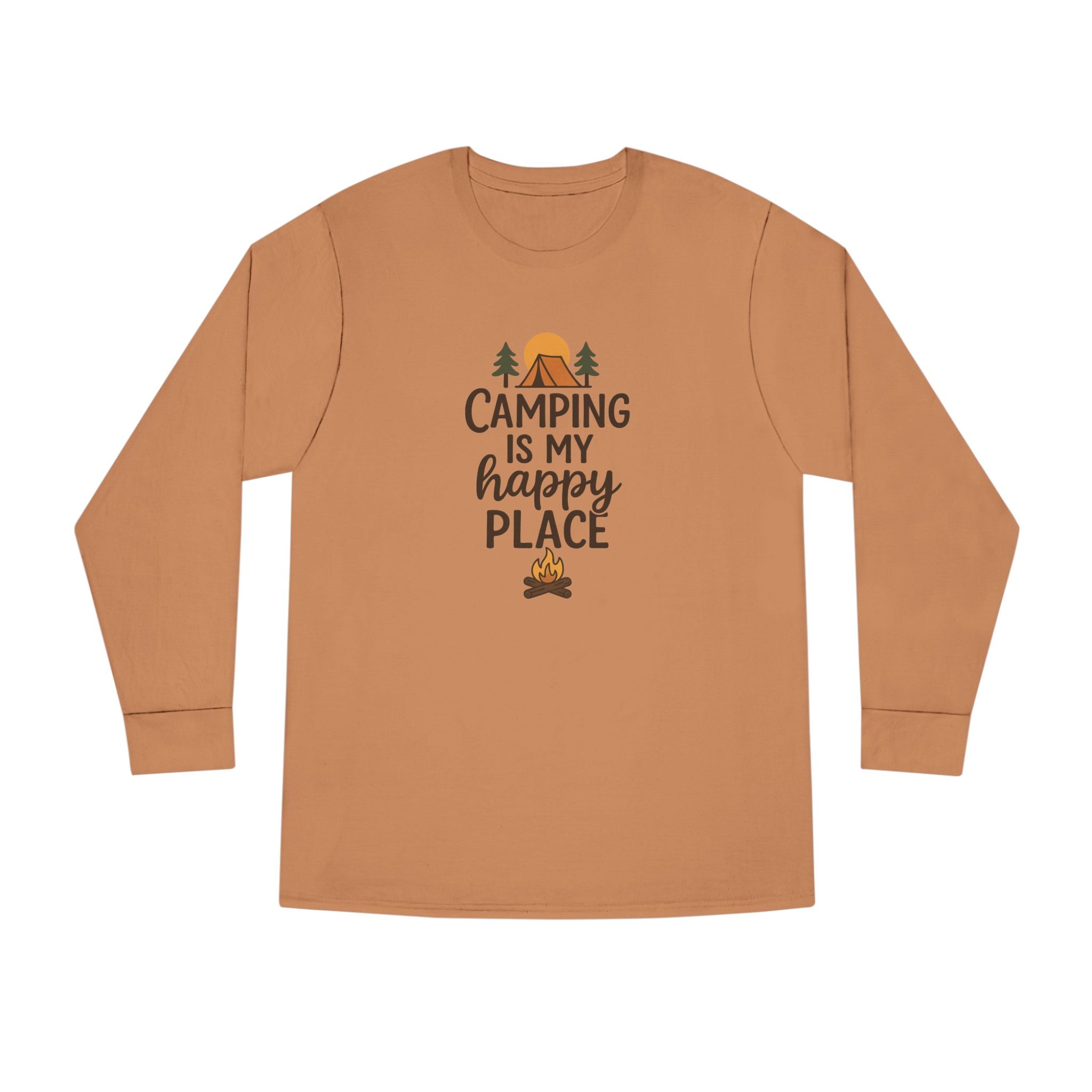 Camping Is My Happy Place Long Sleeve Tee Campfire Trees Sun Outdoor Shirt 4 colors 100% cotton