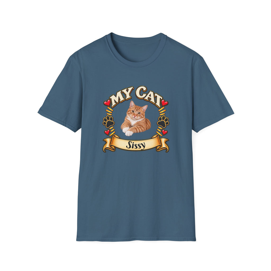 SatsandStripes.com My Cat Personalized Softstyle® T-Shirt – Custom Pet Photo Cat Lover Shirt Indigo Blue
