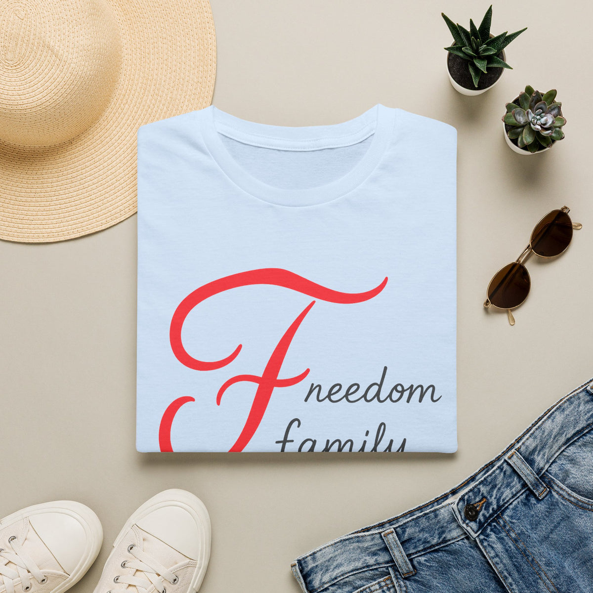 SatsandStripes.com Freedom Family Faith T-Shirt Inspirational Christian Tee Sky Blue Folded
