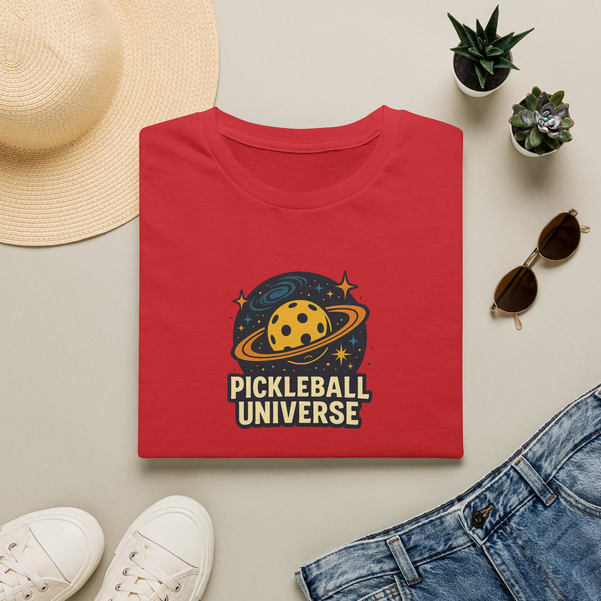 Sats and Stripes Pickleball Universe T-Shirt Fun Space Pickleball Graphic Tee Red Folded