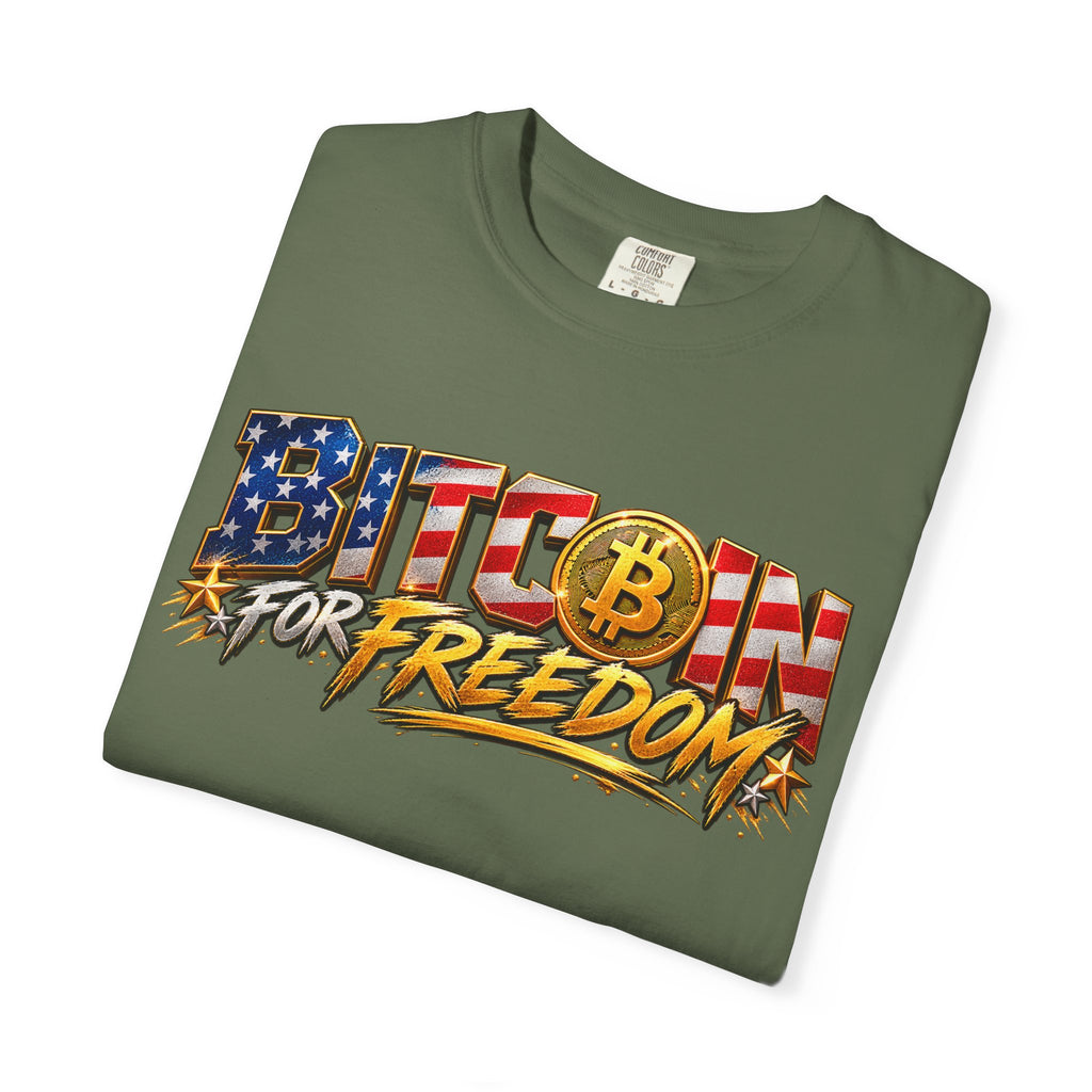 SatsandStripes.com BITCOIN FOR FREEDOM – Patriotic Bitcoin T-Shirt | American Flag Crypto Tee | Freedom & Financial Independence Unisex Shirt Sage Folded